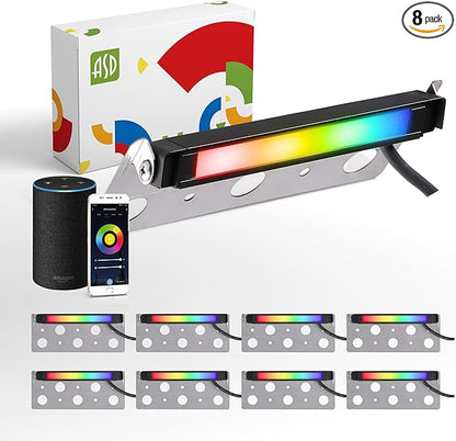 ASD LED 7 Inch Retaining Wall Light Fixture, Hardscape Paver Lighting | RGBW, App & Voice Control, Waterproof, ETL Listed | 3W 110LM RGB-2700K-6500K 12V | Landscape Step Illumination | Black, 8 Pack