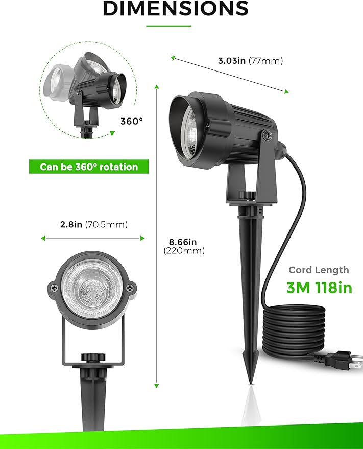 L LOHAS LED Green Christmas Spot Lights Outdoor, 10W Dusk to Dawn Sensor Landscape Spotlights for Yard, IP66 Waterproof Pathway Garden Outside Lights, 9.84ft Cord, Green Lawn Decor Lamp, UL Listed