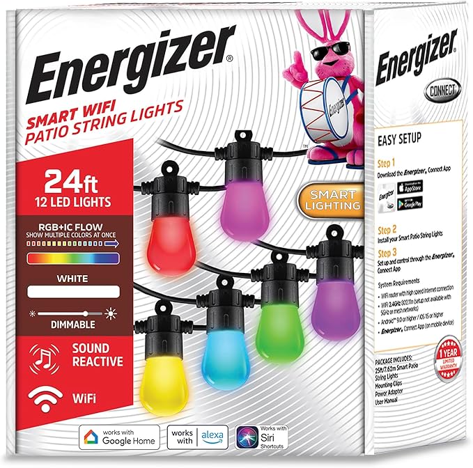 Energizer Smart RGBW+IC Outdoor String Lights, 24ft, 12 Multi-Color & White Sound Reactive LED Bulbs, IP65 Water & Weather Resistant, Voice Control with Alexa, Google, Siri, Grouping, Scheduling