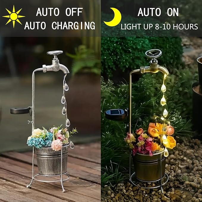 Solar Water Faucet Bucket Lights Outdoor Garden Decor, Waterproof Vintage Decorations with LED Light for Yard Lawn Patio Pathway