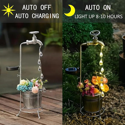 Solar Water Faucet Bucket Lights Outdoor Garden Decor, Waterproof Vintage Decorations with LED Light for Yard Lawn Patio Pathway