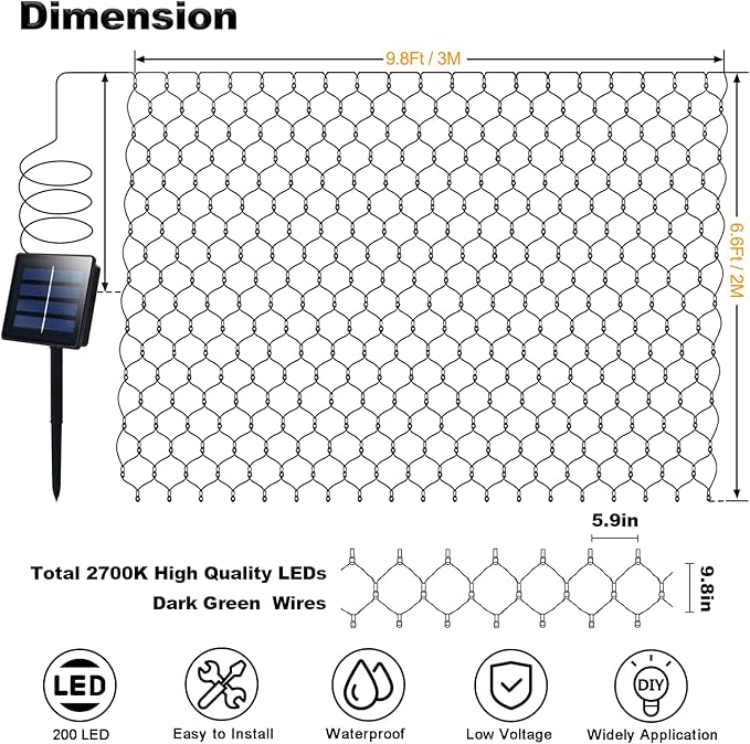 echosari Solar Powered Net Lights 200 LED 9.8Ft x 6.6Ft Bush Light Dark Green Wire Auto On/Off 8 Modes Outdoor Mesh Lights for Bushes Shrubs Lawn Decor(Warm White)
