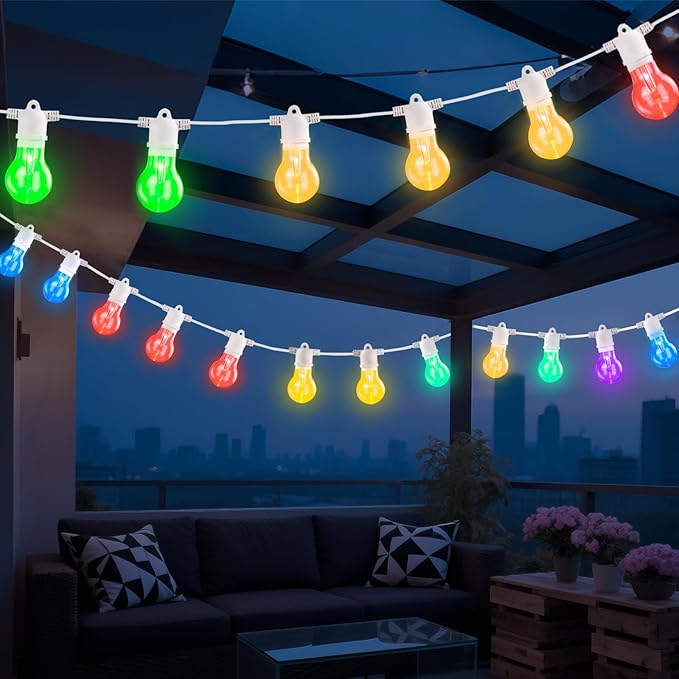 48FT RGB LED Outdoor String Lights - Dimmable Color Changing Patio Lights with Shatterproof E26 Edison Bulbs, Remote Control for Garden, Bistro & Backyard Decor(White)
