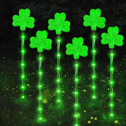 Shamrock Solar Lights for St Patrick's Day Decorations - Outdoor Waterproof 6Pack 48LED Green Garden Stake Light 8 Modes Lucky Clover for Yard, Pathway Decor