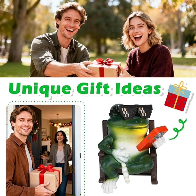 Solar Frog Garden Statue with LED Lights & Glowing Phone, Waterproof Outdoor Decor for Patio, Yard, Garden Decorations, Gift for Mom Grandma, Valentines Day Decorations, Birthday Gift for Women