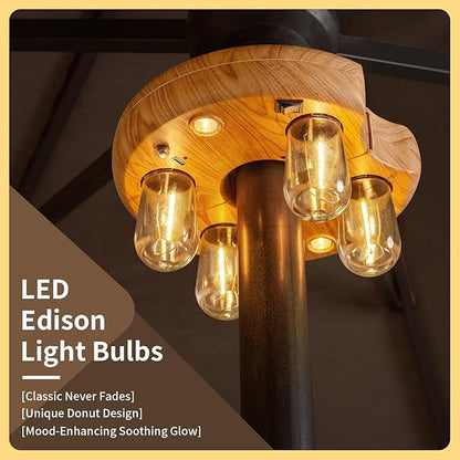 Wood Grain Patio Umbrella Light with Remote Control, Rechargeable Cordless LED Edison Bulbs Pole Light with 10 Brightness Levels for Garden, Patio, Backyard, Camping or BBQ (1 Pack)