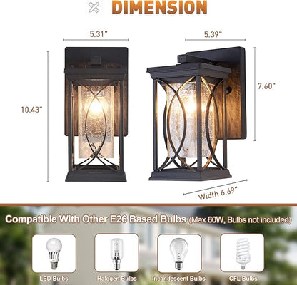 Dusk to Dawn Outdoor Wall Lanterns Small Modern Exterior Light Fixture Aluminum with Crack-Like Glass, UL and IP65 Waterproof Wall Sconce Outdoor Wall Light for Porch, Garage, Front Door, Black