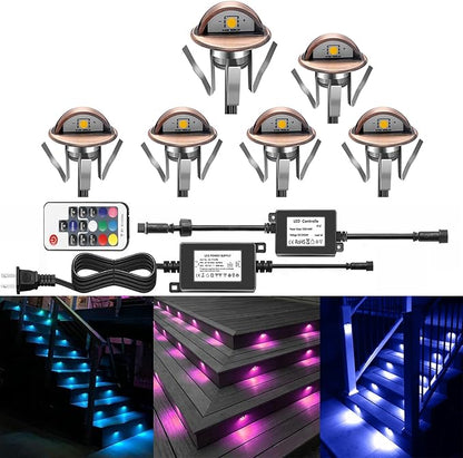 LED Deck Stair Lighting Kit, Low Voltage Patio Deck Lamp IP65 Φ1.38 Indoor Outdoor Wood RGB Multicolored Recessed Yard Garden Patio Step Landscape Pathway Decor Lights, Bronze(RGB, Pack of 6)