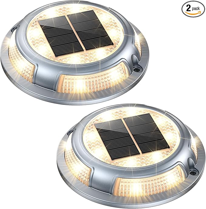 Solar Deck Lights,2 Pack Driveway Dock Light 2 Colors in 1 Solar Powered Lights Outdoor IP68 Waterproof Driveway Marker for Warning Step/Garden/Sidewalk/Pathway/Yard (Warm White & Cool White)