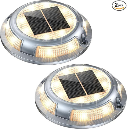 Solar Deck Lights,2 Pack Driveway Dock Light 2 Colors in 1 Solar Powered Lights Outdoor IP68 Waterproof Driveway Marker for Warning Step/Garden/Sidewalk/Pathway/Yard (Warm White & Cool White)