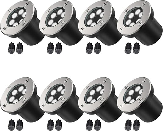 JESLED Low Voltage Landscape Lights, 6W LED Well Lights IP67 Waterproof, 6000K Bright White In-Ground Lights with Wire Connectors for Pathway, Deck, Patio, Yard, Garden (8 Pack)