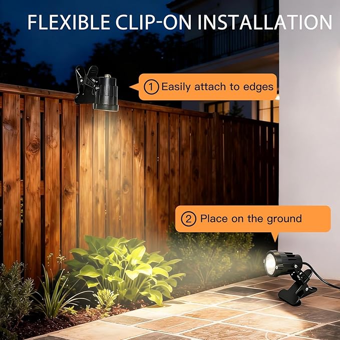 TAYSING Dusk to Dawn Outdoor Landscape Spot Lights with Clip, 9W 800LM Plug in Spotlight, 3000K Warm White, IP66 Waterproof with 5FT Cord for Garden Tree Flag Pathway Patio, 2 Pack