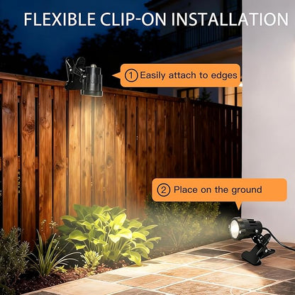 TAYSING Dusk to Dawn Outdoor Landscape Spot Lights with Clip, 9W 800LM Plug in Spotlight, 3000K Warm White, IP66 Waterproof with 5FT Cord for Garden Tree Flag Pathway Patio, 2 Pack