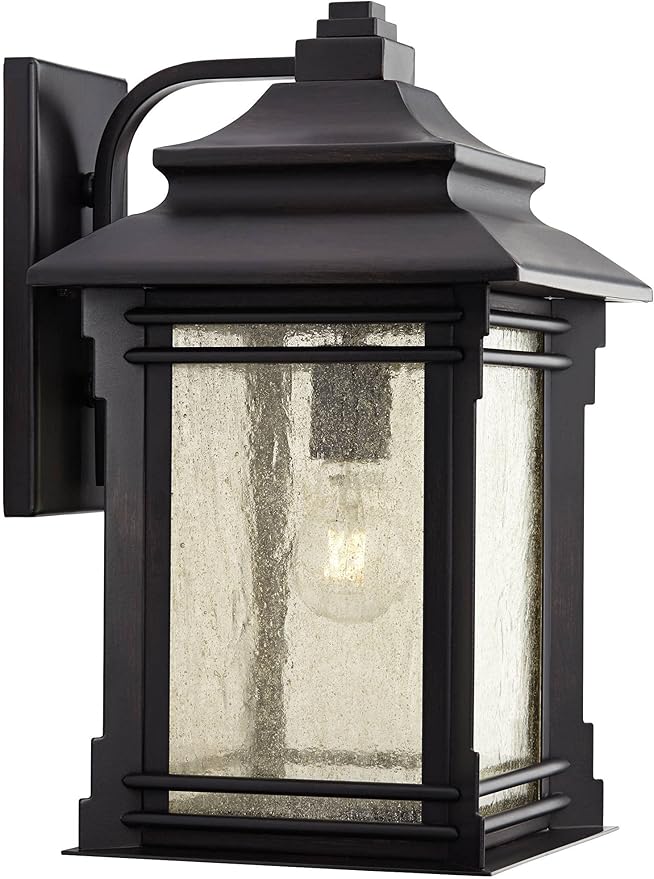 Franklin Iron Works Hickory Point Farmhouse Rustic Mission Outdoor Wall Light Fixture Bronze Lantern 16" Frosted | Lumora
