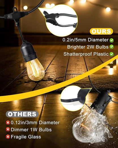 BRIMAX 100FT Outdoor String Lights 2W 30 Hanging Bulbs,with Additional 25 Pack S14 Replacement LED Bulbs,2700K Soft Warm White, Shatterproof Waterproof