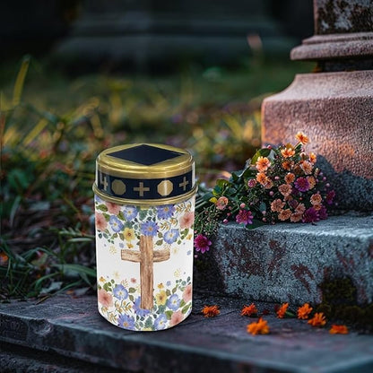 Poceacles Cross Outdoor Solar Lights Solar Garden Lights Cemetery Solar Lights Water Resistant Pillar Candle Solar Garden Stake Lights for Cemetery Grave Decorations, Flower Leaf Cross