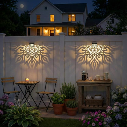 4 Pack Solar Fence Lights Outdoor Wall Lights Plastic Solar Powered Deck Step Stair Lights Mandala Theme Waterproof Fence Solar Light for Garden Post Patio Yard Decor, Gardening Gifts for Women Mom
