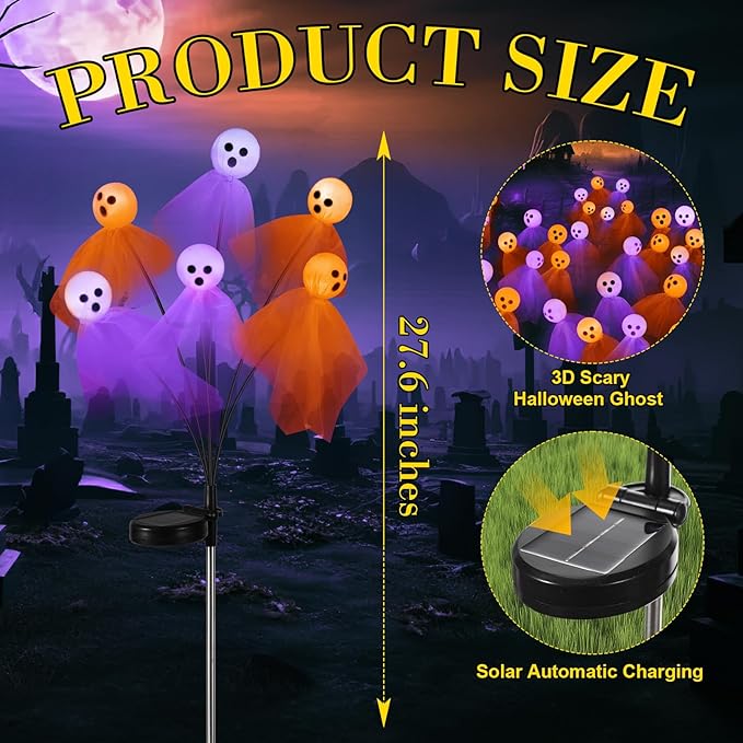 VIHOSE 6 Packs Halloween Solar Lights Outdoor 36 LED Solar Ghost Pathway Lights Waterproof Spooky Ghost Path Light Outdoor Halloween Decorations for Outside Garden Lawn Yard Decors (Purple Orange)