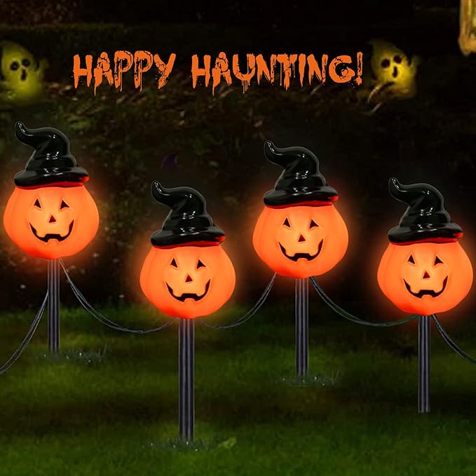 Halloween Pumpkin Pathway String Lights 4 Jack-o-Lantern Stakes Lights with C7 Bulbs, 7Ft Extendable Wizard Hat | Lumora