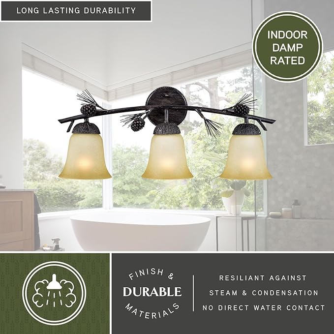 VAXCEL Sierra 3-Light 24 inch Wide Black Walnut Rustic Bathroom Vanity Lighting Fixture, Creme Cognac Glass Shade | Lumora