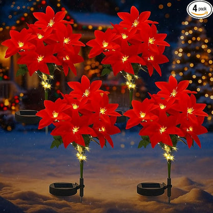 VIHOSE 4 Pcs Christmas Solar Flowers Lights Artificial Poinsettia Landscape Waterproof Solar Poinsettia Lights for Outdoor House Yard Lawn Patio Garden Pathway Christmas Party Supplies (7 Flowers)