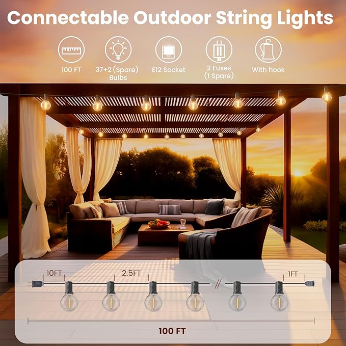 RTTY Classic Series 100FT All-Purpose Outdoor String Lights with 37 G40 Bulbs - Versatile for Patio & Deck Lighting, Backyard Gatherings, Poolside Evenings, and Intimate Wedding Decor