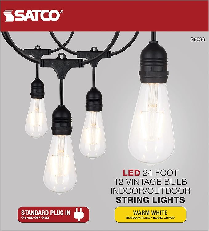 Satco S8036 LED Indoor/Outdoor String Lights, Black, ST19 Bulbs, 24 Feet (Pack of 1)