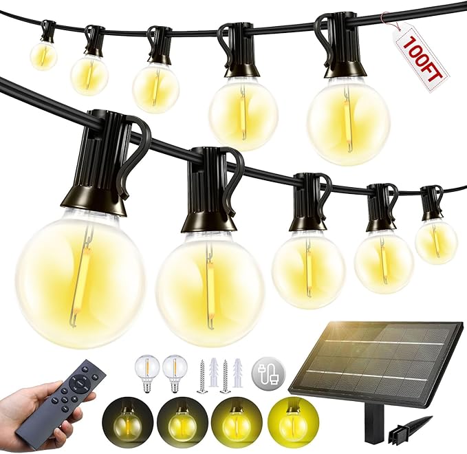 100FT Solar Lights Outdoor Waterproof: G40 30M Shatterproof Bulbs Patio Lights - Solar Powered Remote Control 3 | Lumora