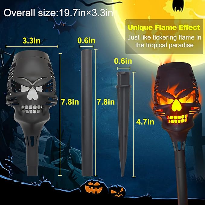 4 Pack Solar Halloween Lights Outdoor,Skull Light,Solar Torch Light with Flickering Flame,Waterproof LED Flame Lights,for Halloween Decor Patio Yard Path,Outdoor Landscape Lighting and Et Cetera.