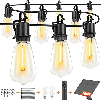 Solar String Lights Outdoor Waterproof 100ft with 52 Shatterproof,Solar Lights Outdoor Remote ST38 Vintage Edison Bulbs,Salor Ourdoor Light Hanging Lights Waterproof for Outside Backyard