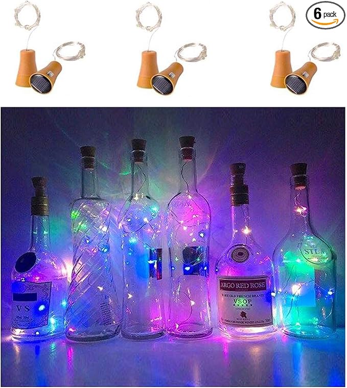 6 Pack Solar Powered Wine Bottle Lights, 20 LED Waterproof Copper Cork Solar Lights for Wedding Christmas, Outdoor, Holiday, Garden, Patio, Pathway Decor (Colorful)