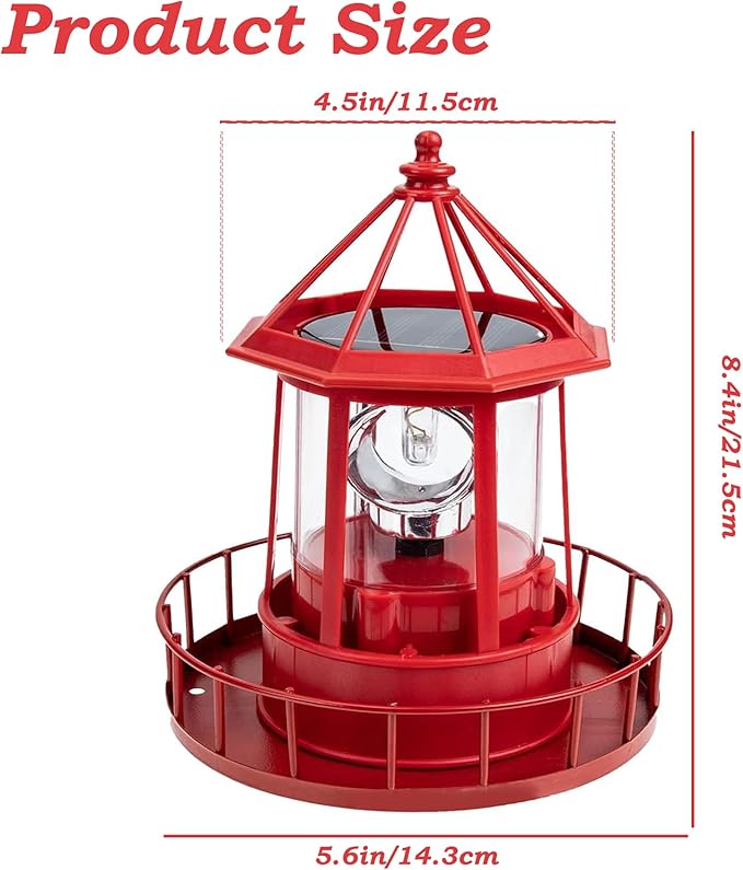 LED Solar Powered Lighthouse,360 Degree Rotating Lamp IP65 Waterproof Statue Solar Garden Lights Rotatable Outdoor Solar Light,Suitable for Patio Fence Garden Courtyards,Lawns Decor (Red)
