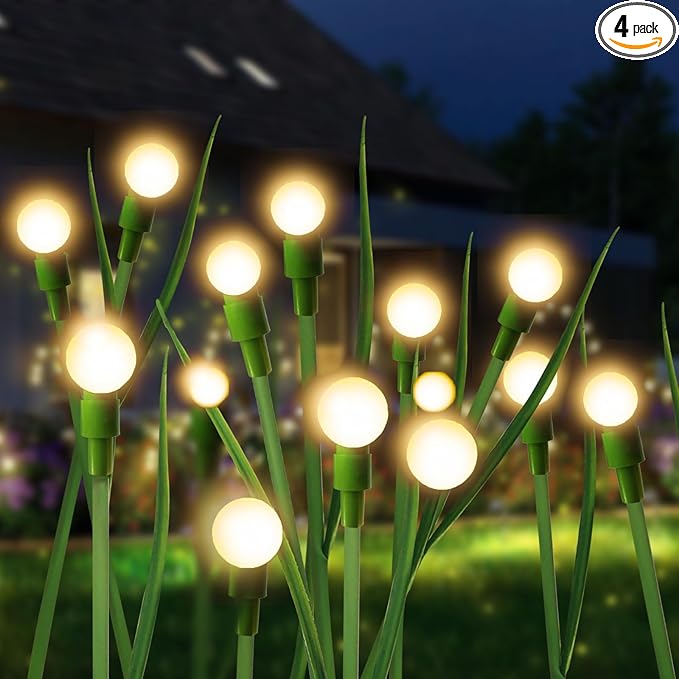 Firefly Lights Solar Outdoor Green Stem Twinkle,Swaying Garden Lights with Leaves,Landscape Path Light,Weatherproof Flickering Bubble Path Décor for Yard Patio Pathway Decoration Warm White(2 Pack)