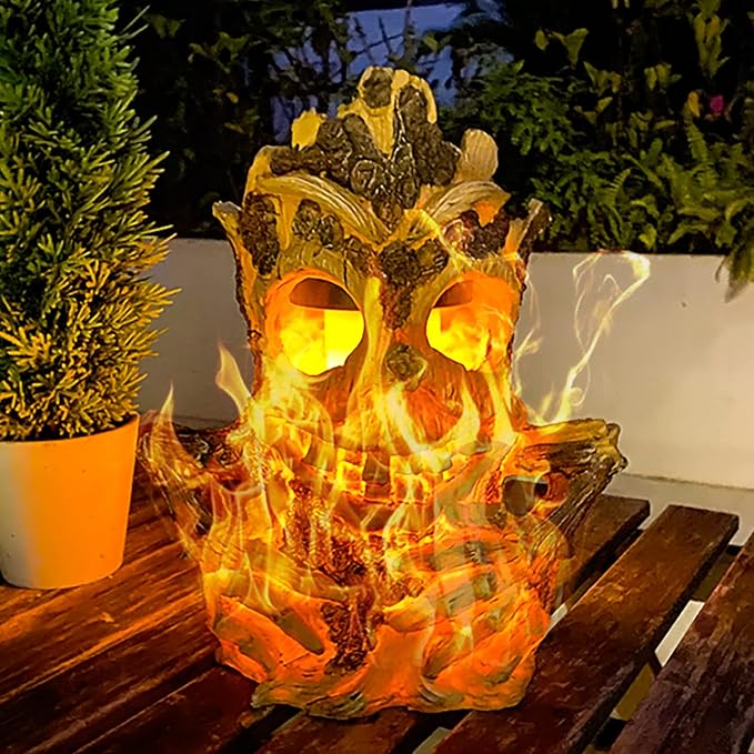 Solar Light Outdoor Waterproof, Garden Statues Tiki Decor Halloween Solar Lanterns, Tree Stump on Fire Flickering Flame Light Waterproof for Table, Yard, Garden, Patio, Pathway, Holiday