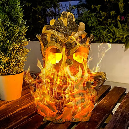 Solar Light Outdoor Waterproof, Garden Statues Tiki Decor Halloween Solar Lanterns, Tree Stump on Fire Flickering Flame Light Waterproof for Table, Yard, Garden, Patio, Pathway, Holiday