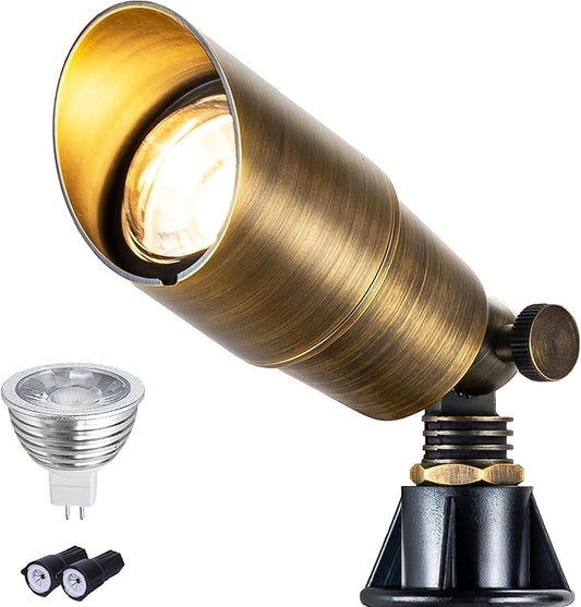 LumStory Brass Solid Landscape Light Low Voltage 12V Outdoor Brass Landscape Spotlights with 5W MR16 Bulb 3000K Warm White, IP65 Waterproof Up Light Landscape Lighting for Garden Yard Pathway
