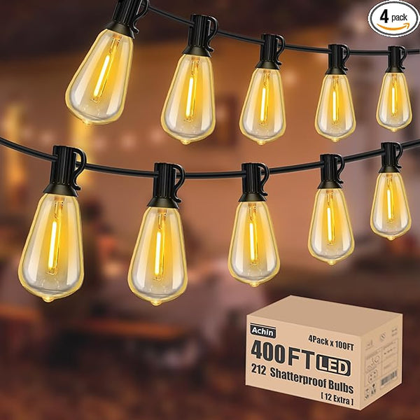 Achin String Lights for Outside 400FT(100ft*4) 2200K Warm Edison String Lights with 200+12 LED Vintage ST38 Bulbs | Lumora