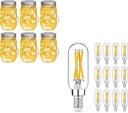 Bundle－－2 Items：Mason Jar Solar Lights -30 LED, 6 Pack Hanging Solar Lanterns Bundle with 12 Pack E12 LED Edison Bulbs,4W Equal 40W e12 Candelabra Bulbs
