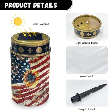 American Flag Sunflower Solar Garden Stake Lights, Yard Solar Lights Cemetery Decorations for Grave Outdoor Sympathy Memorial Gift for Grandma, for Garden Lawn Patio Pathway Decor