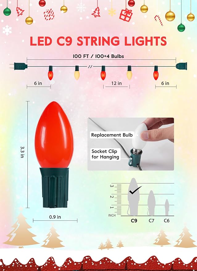Vintage C9 LED Christmas Lights Outdoor, 100 Feet C9 String Light with 100 Shatterproof C9 Bulbs, Waterproof Connectable Christmas Tree Lights for Outside Roofline Patio Xmas Decor, Red & Warm White