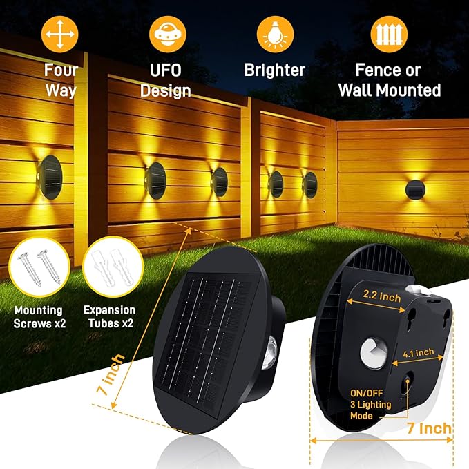 7" Solar Lights Fence Waterproof for Outdoor Deck & Wall, Patio, and Step Stairs | Warm White Pathway Lighting with 3 Bright Modes| Outside Decor Decorative UFO Four Way Lamps