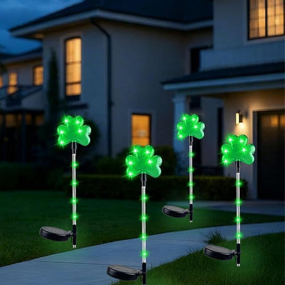 4 Pack Shamrocks Solar Lights St. Patricks Day Green Lucky Solar Light Outdoor Garden Pathway Stake Light Spring Yard Lawn Decor