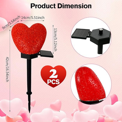 Valentines Day Solar Heart Lights Outdoor, 2Pcs Waterproof Solar Valentines Day Decorations Red Heart Nano-Lights Outside Valentine Lights for Yard Cemetery Grave Garden Walkway