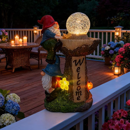 Solar Powered Garden Gnome Welcome Sign with LED Cracked Glass Ball, Outdoor Statue Decor for Patio Yard Lawn Walkway, for Mom Grandma (Red)