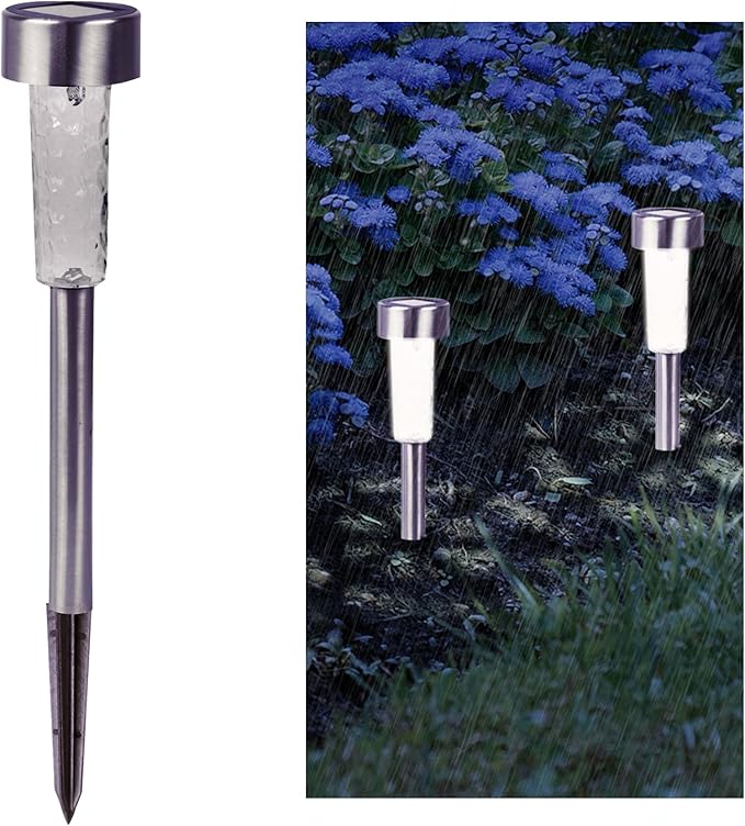 Crosslight Solar Powered Pathway Lights (8 Pack) - Outdoor Stainless Steel White LED Lights, Waterproof for Garden, Yard, Patio, Lawn, Walkway - Decorative Ground Stake Lighting | Silver