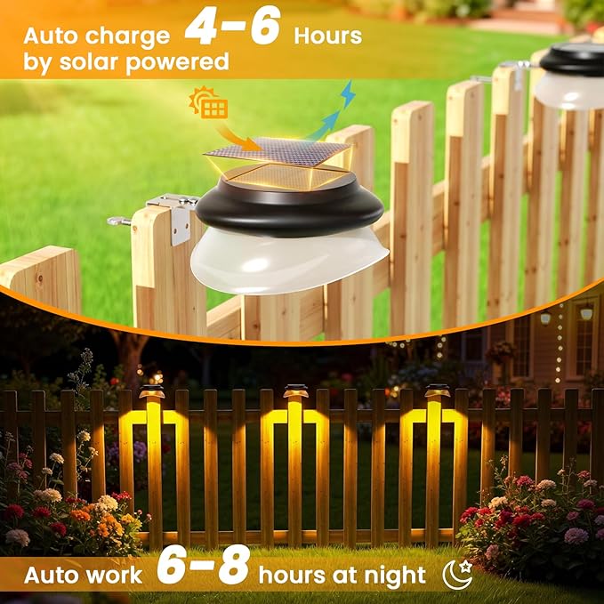 ROSHWEY Outdoor Fence Lights, 6 Pack Solar Gutter Lights with 9 LED Waterproof for Eaves Garden Garage Porch Stairs Wall 2 Installations Methods, Black Lampshade (Warm White)