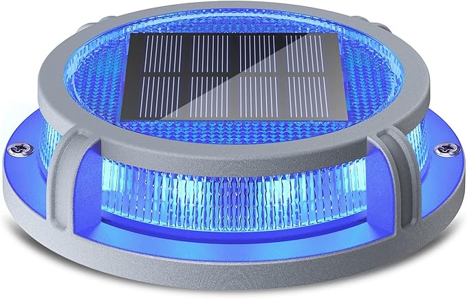 Siedinlar Solar Deck Lights Outdoor 2 Modes 16 LEDs Driveway Markers Dock Light Solar Powered Waterproof for Ground Step Pathway Stair Walkway Garden Yard Road 1 Pack (Blue/Red)