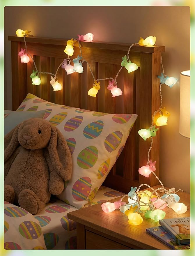 Easter Rabbit String Lights 8.5FT Plug in Bunny Fairy Lights Outdoor Easter Decorations String Lights with 10 Multicolor Bunny Lights for Indoor Wedding Birthday Party Garden Wall Home Decorations