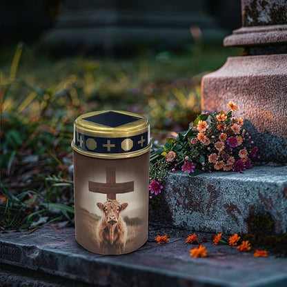 Cute Highland Cow Cross Lights for Grave Lamp Waterproof Cemetery Solar Lights for Grave Patio Yard Decoration
