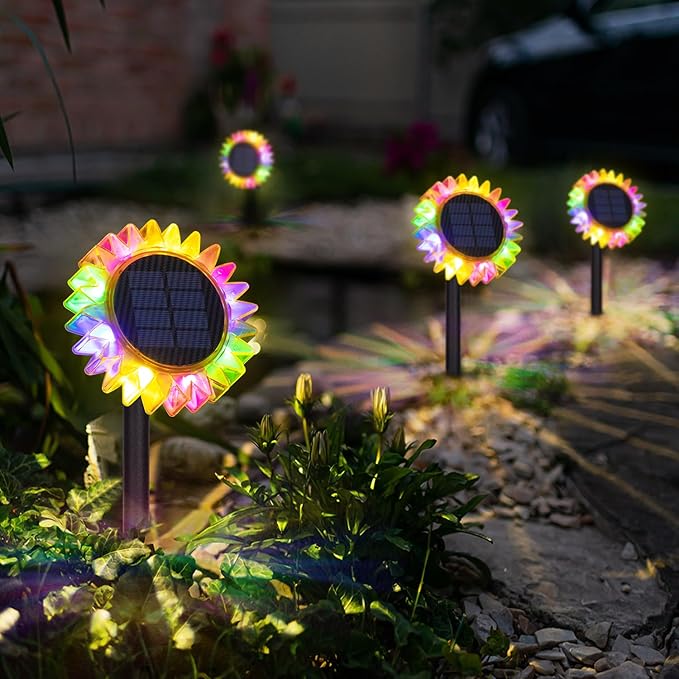 HUYIENO Solar Lights Outdoor Garden Decor Sunflower Waterproof Pathway Fence Lighting Ground/Wall Mounting 2 in 1 for Garden,Patio,Yard Decoration